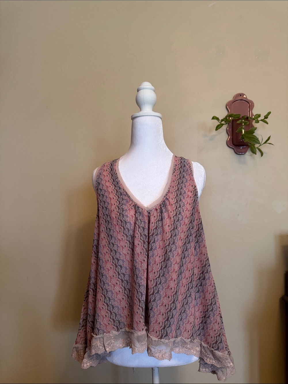 Free People Dusty Rose and Beige Lace Tank Top